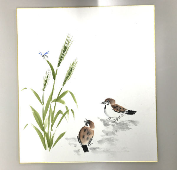 ７月手本「麦とスズメ」 - 大阪の水墨画・墨彩画教室なら、玉麗会